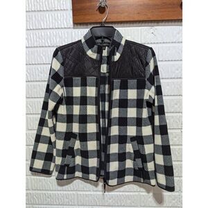 Talbots Women's Black & White Buffalo Plaid Pattern Front-Zip Fleece Jacket Size